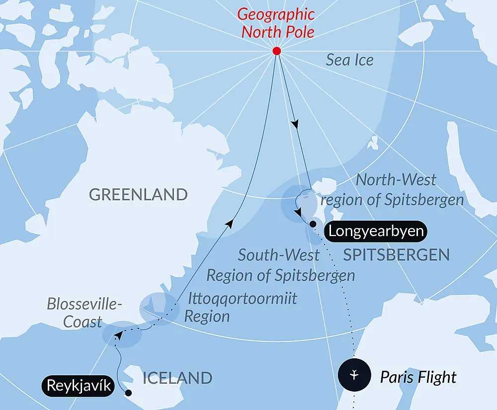 The Geographic North Pole and the east coast of Greenland  null